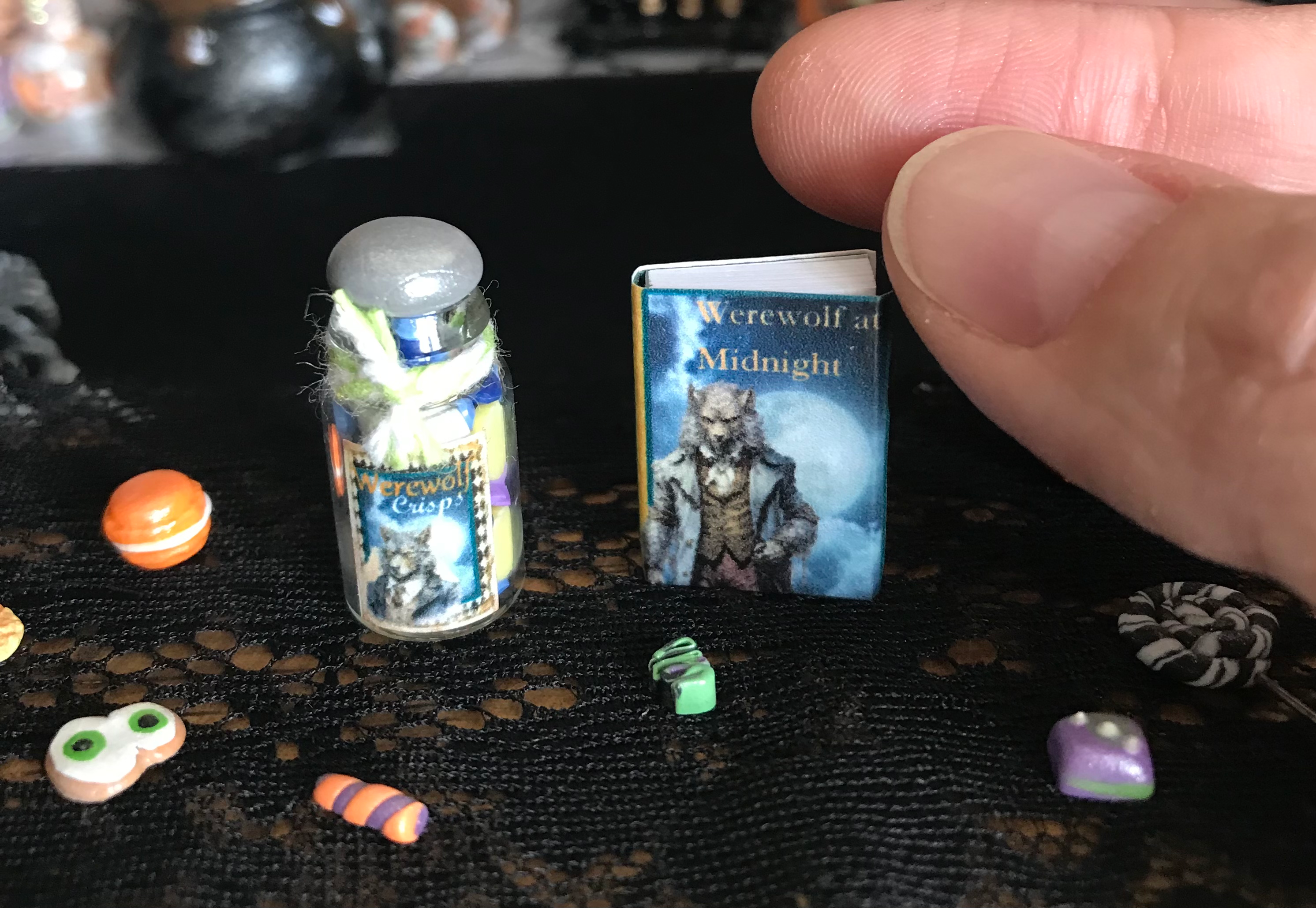 Set of 2 Werewolf Halloween Dollhouse 1:12 Scale Candy Jar and Book Decorations