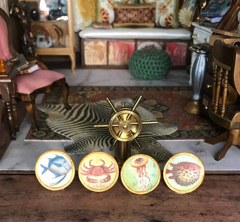 Set of Four, 1:12 Scale Nautical Dollhouse Miniature Ceramic Plates, Beach House