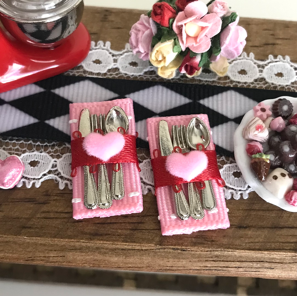 Set of 2 Dollhouse Valentine's Day Flocked Heart, 1:12 Napkins with Flatware