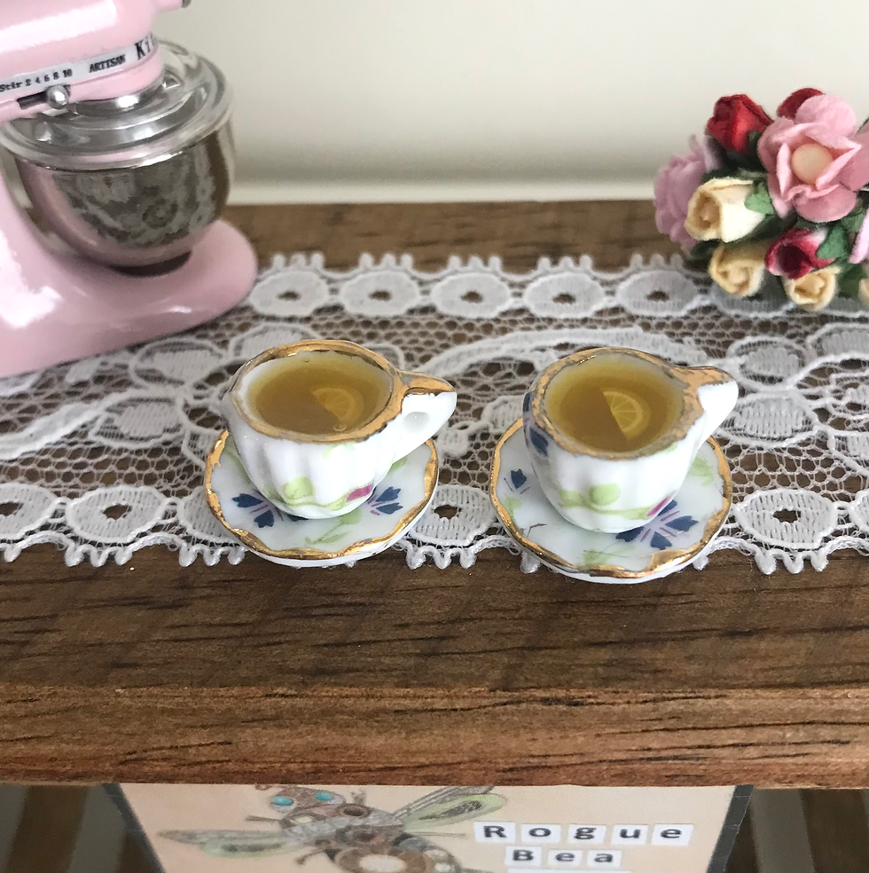 Set of 2, Mini Dollhouse 1:12 Blue Floral Ceramic Teacups with Resin Tea, Lemon
