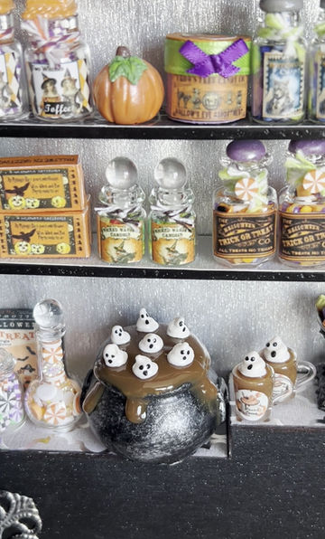 Thumbnail: Mini Dollhouse 1:12 Scale Halloween Haunted Hot Cocoa Cauldron and Cocoa Mugs