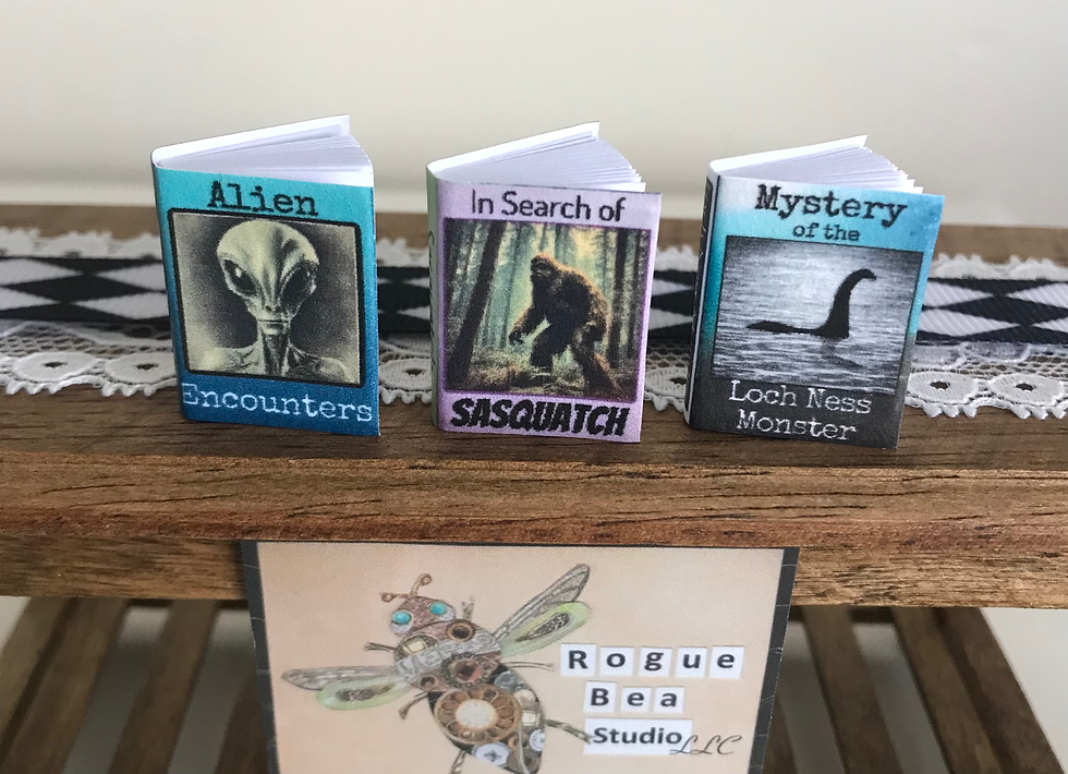 Set of 3 Handmade Mini Dollhouse Cryptid Themed Books, Sasquatch, Loch Ness