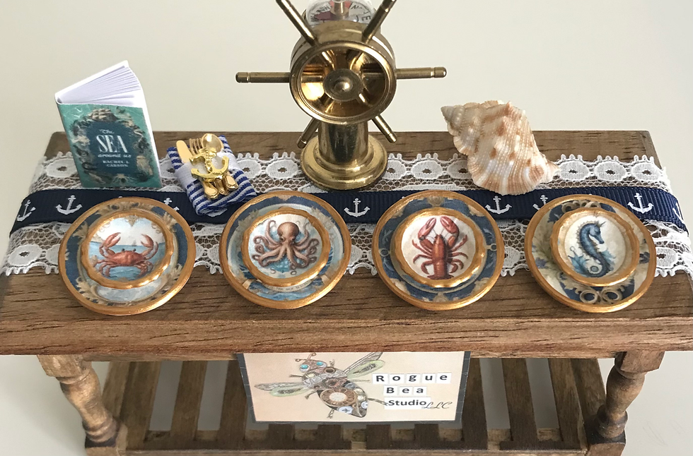 Thumbnail: Set of 8, 1:12 Scale Nautical Dollhouse Mini Ceramic Plates, Ship, Sealife Decor