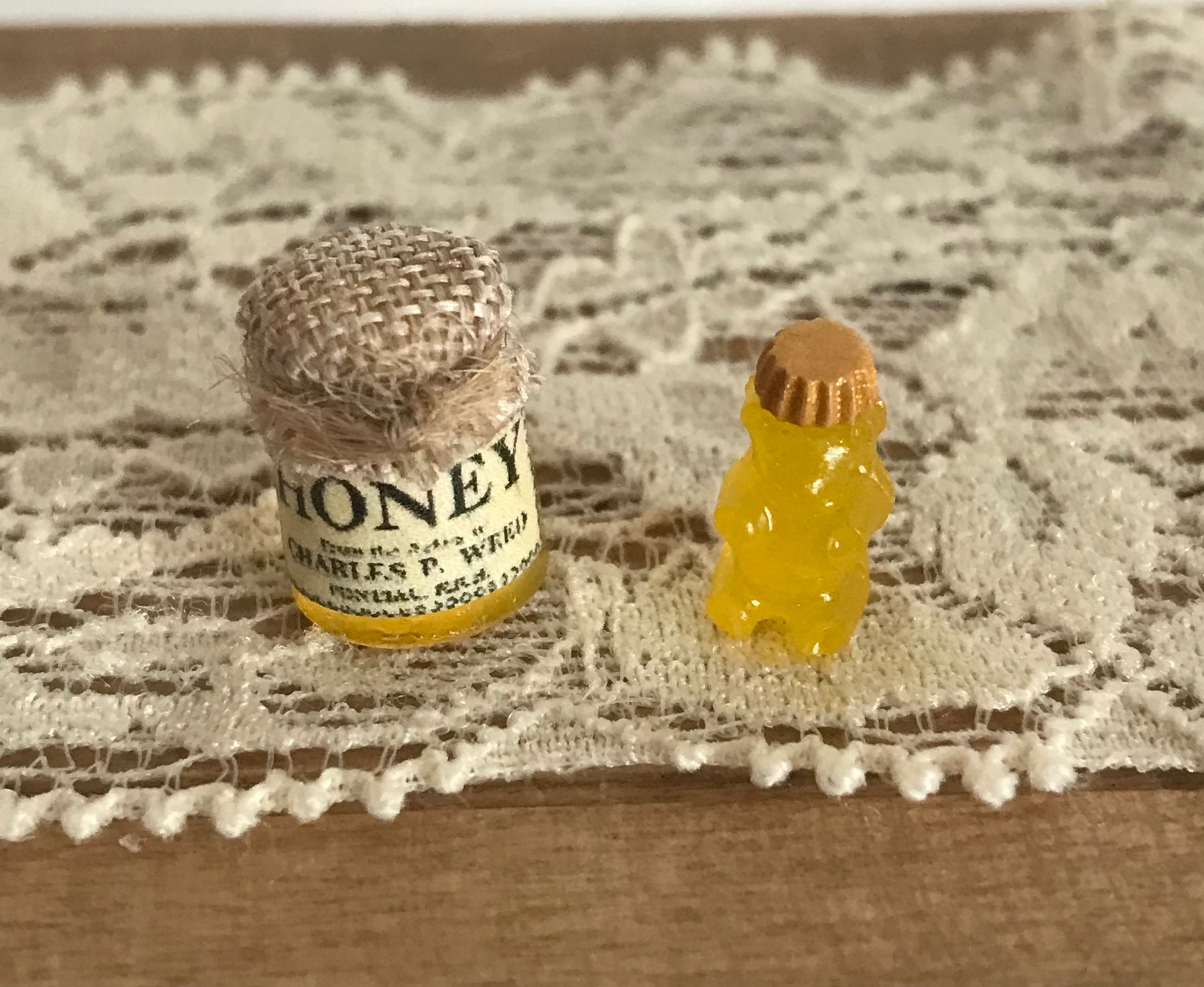 Dollhouse Miniature Tiny Honey Bear and Jar of Honey Set