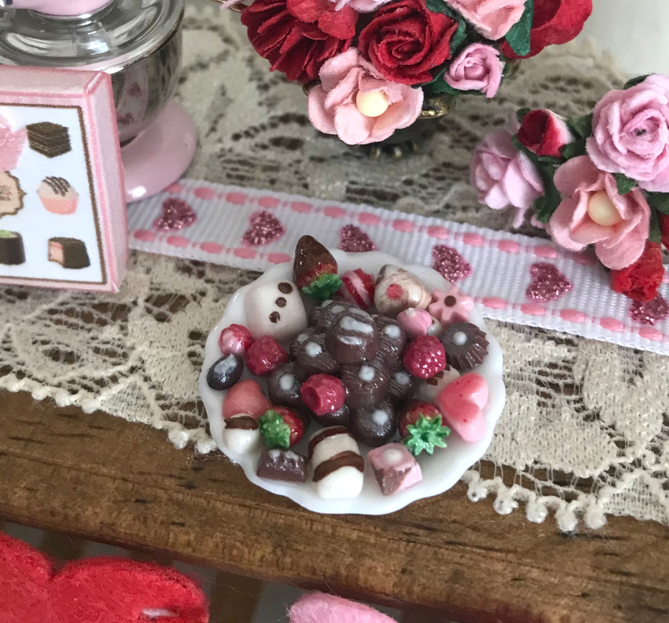 Dollhouse Mini, 1:12 Scale Valentine's Day Chocolates on Ceramic Plate