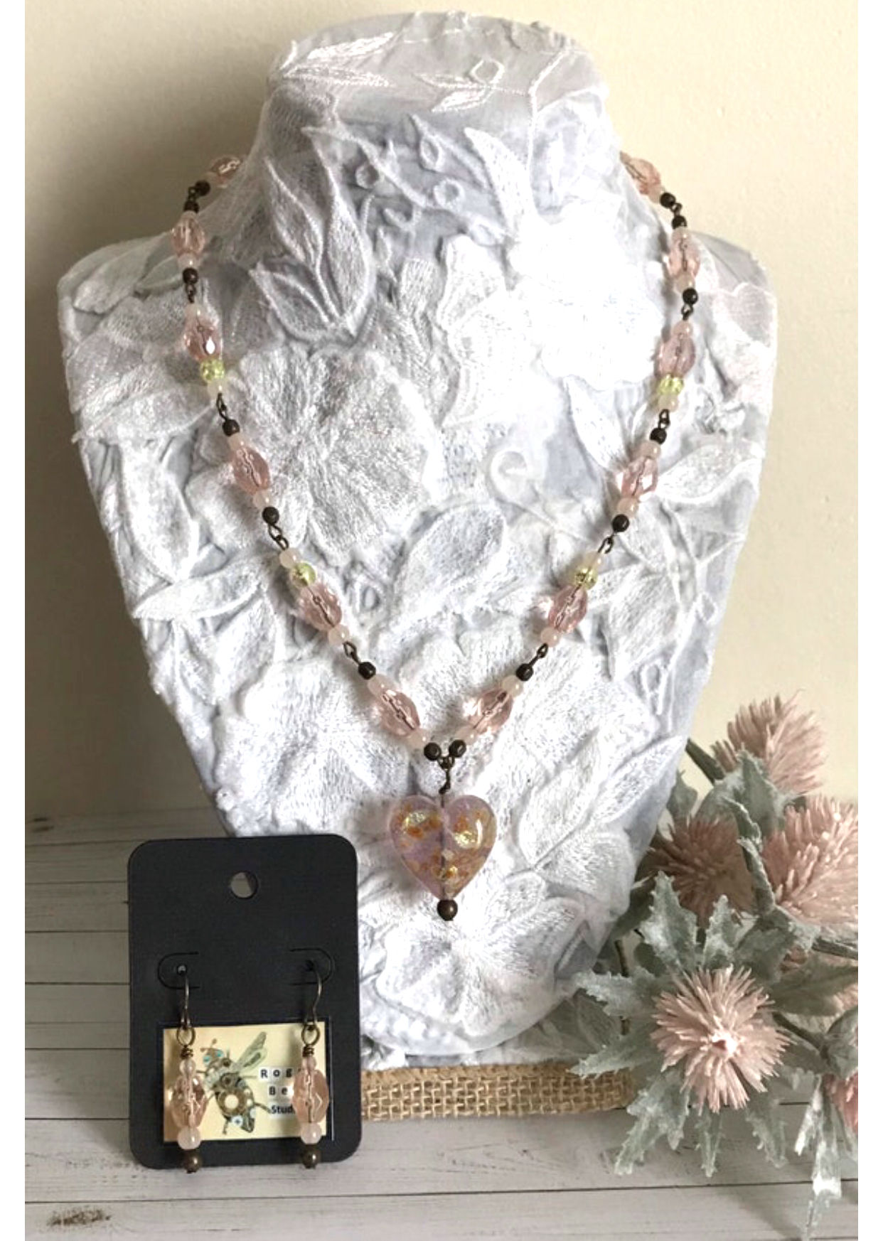 Valentine's Day Jewelry Set, Murano Glass Pink Heart Pendant Necklace & Earrings