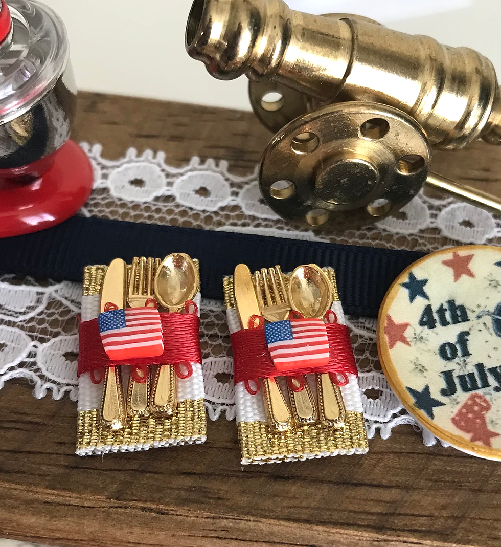 Thumbnail: Set of 2 Patriotic Flag, 1:12 Scale, Mini Dollhouse Napkins w/ gold flatware