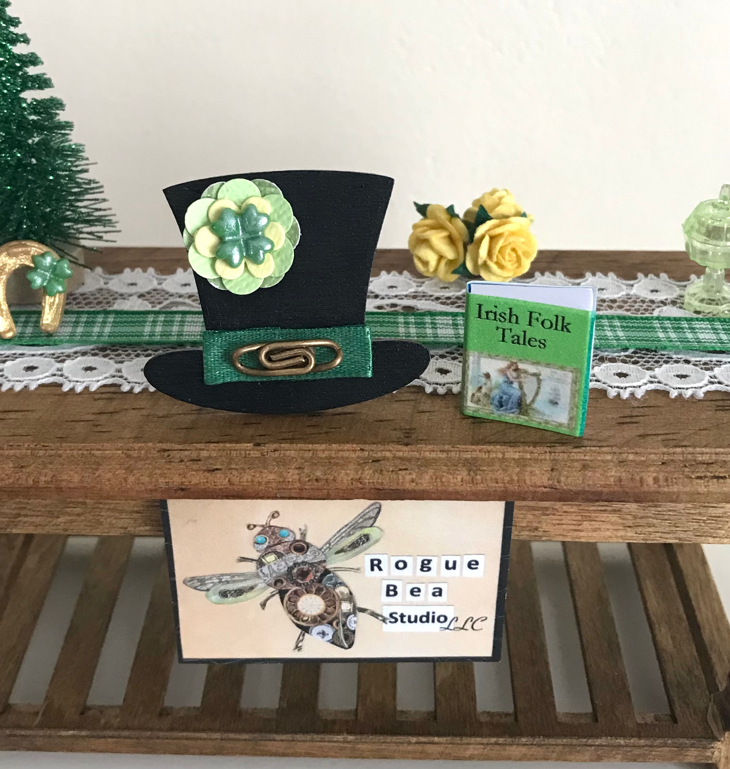 Set of 2 Mini Dollhouse St. Patrick's Day Book and Wooden Top Hat Clover Decor