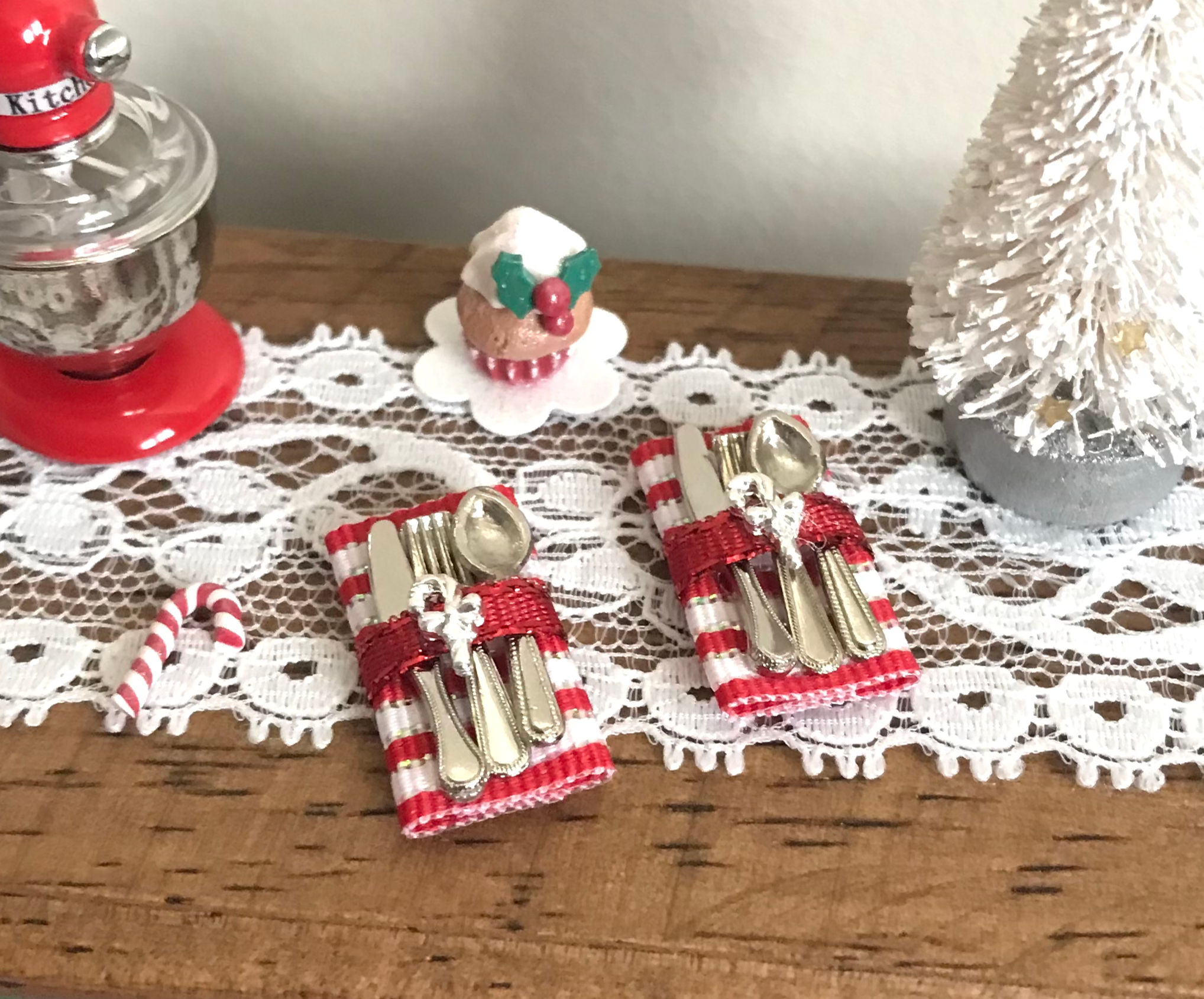 Christmas Mini Dollhouse, Set of 2 Candy Cane Striped Napkins w/ Silver Flatware
