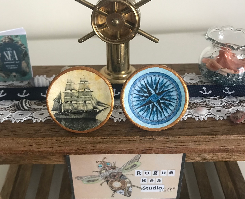 Set of Two, 1:12 Scale Nautical Dollhouse Mini Ceramic Plates, Beach House Decor