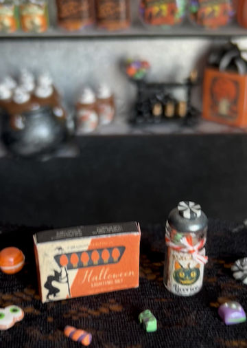Thumbnail: Set of 2 Witchy Halloween Mini Dollhouse 1:12 Candy Jar & Box of Lights, Decor