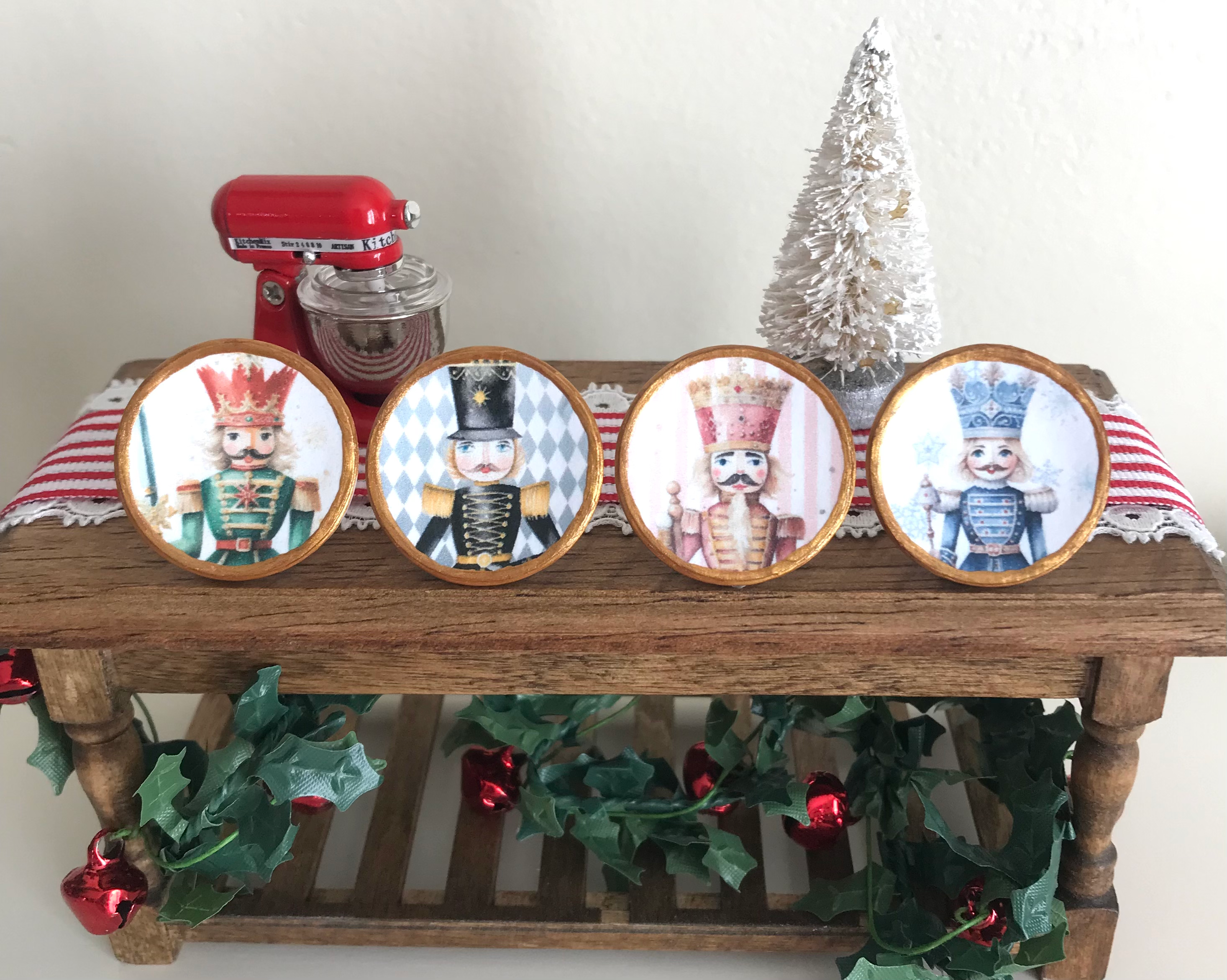 Dollhouse Christmas, Set of 4 Mini Nutcracker 1:12 Scale Plates, Holiday Decor
