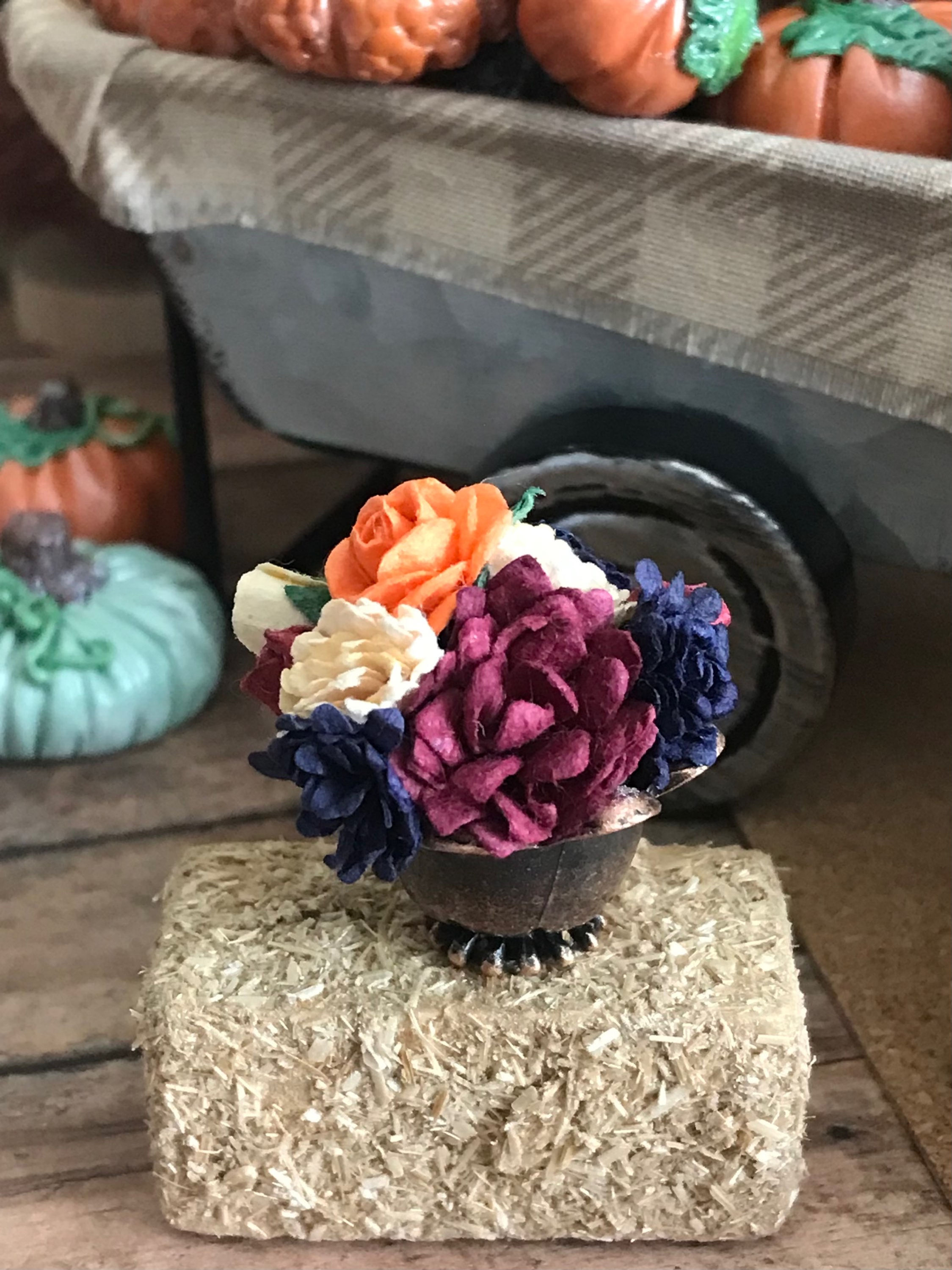 Dollhouse Fall Floral Planter in Metal Pot, 1:12 Scale Miniature Porch Décor