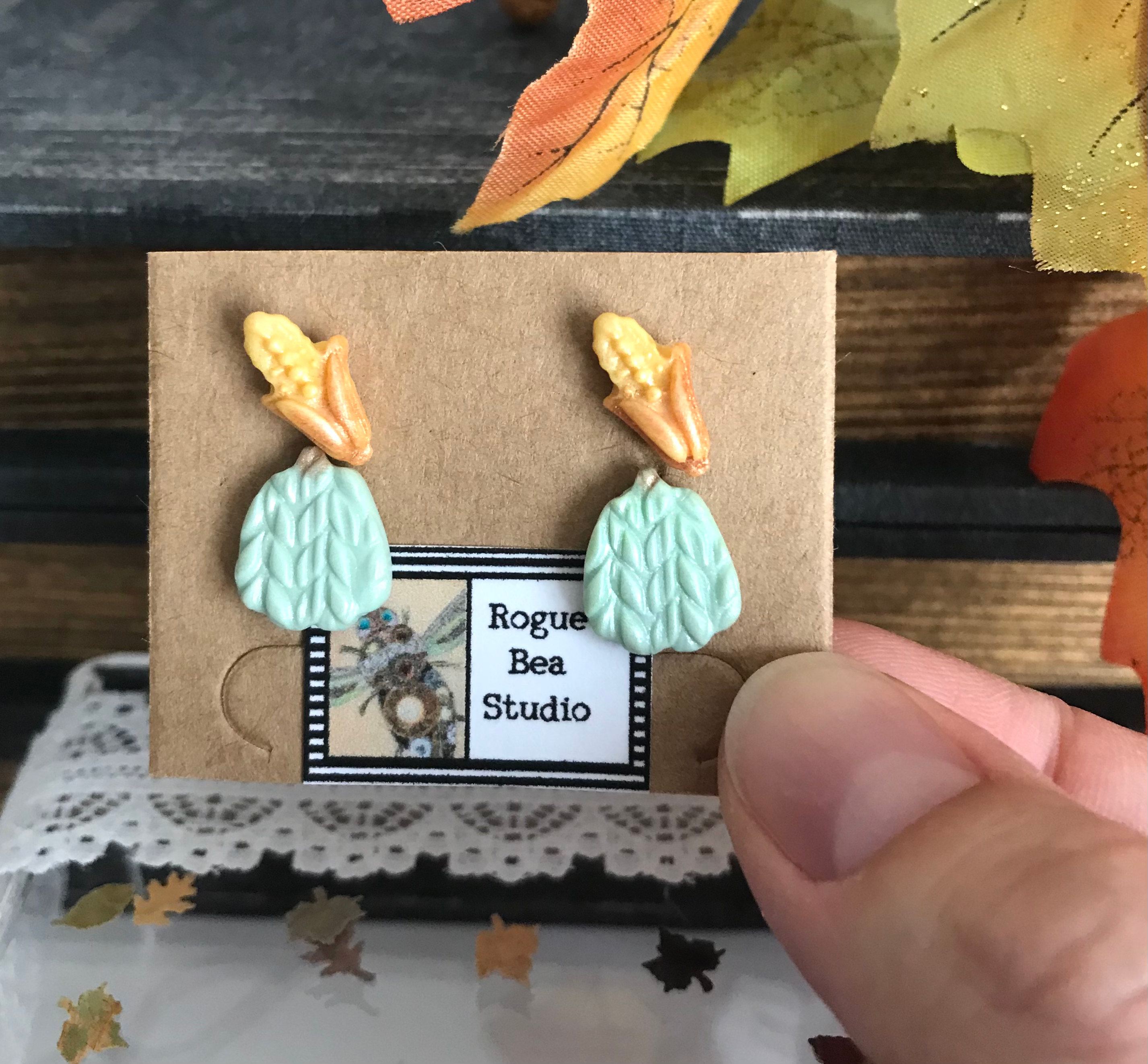 2 Pairs of Handmade Polymer Clay Earrings, Corn & Blue Pumpkin Autumn Studs