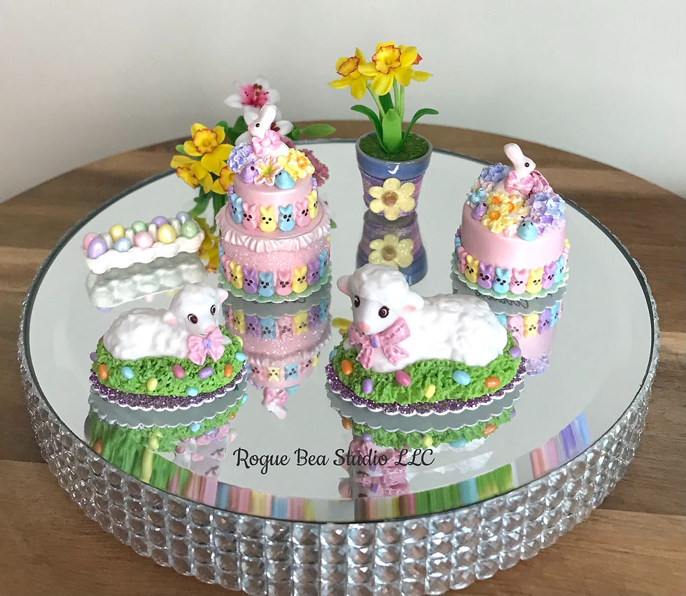Thumbnail: Miniature Dollhouse 1:12 Scale, Handmade Easter Peeps Cake with White Rabbit