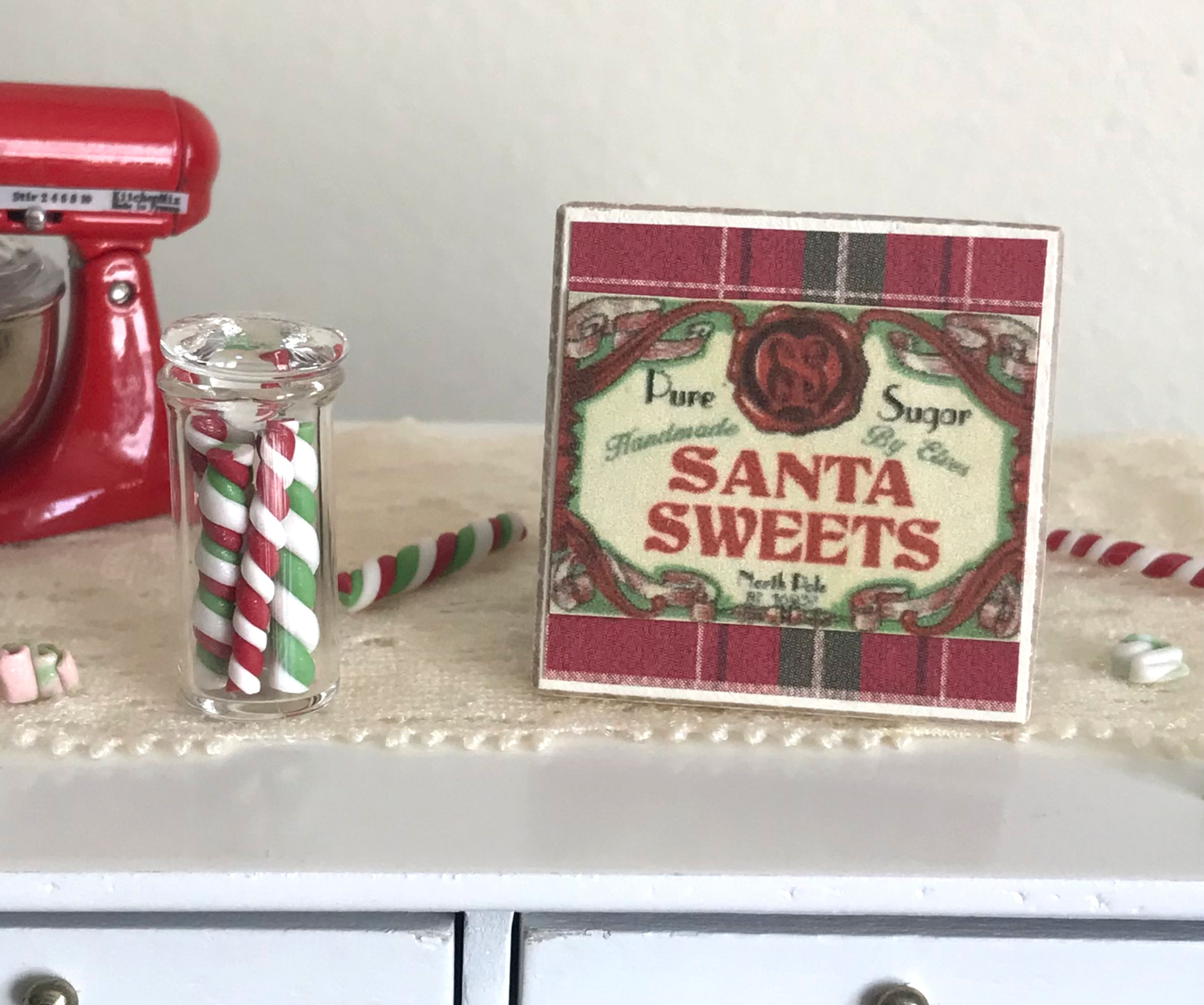 2 Piece Set, Mini Dollhouse, 1:12 Santa Sweets Sign & Glass Jar of Candy Sticks