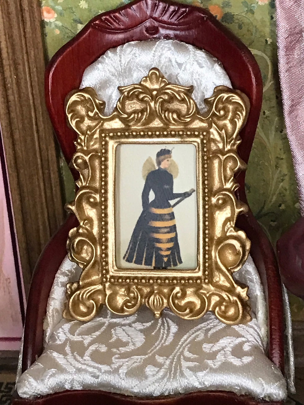 Mini Dollhouse Bee Lady Picture, 1:12 Scale Gold Framed Picture, Bee Mini Decor
