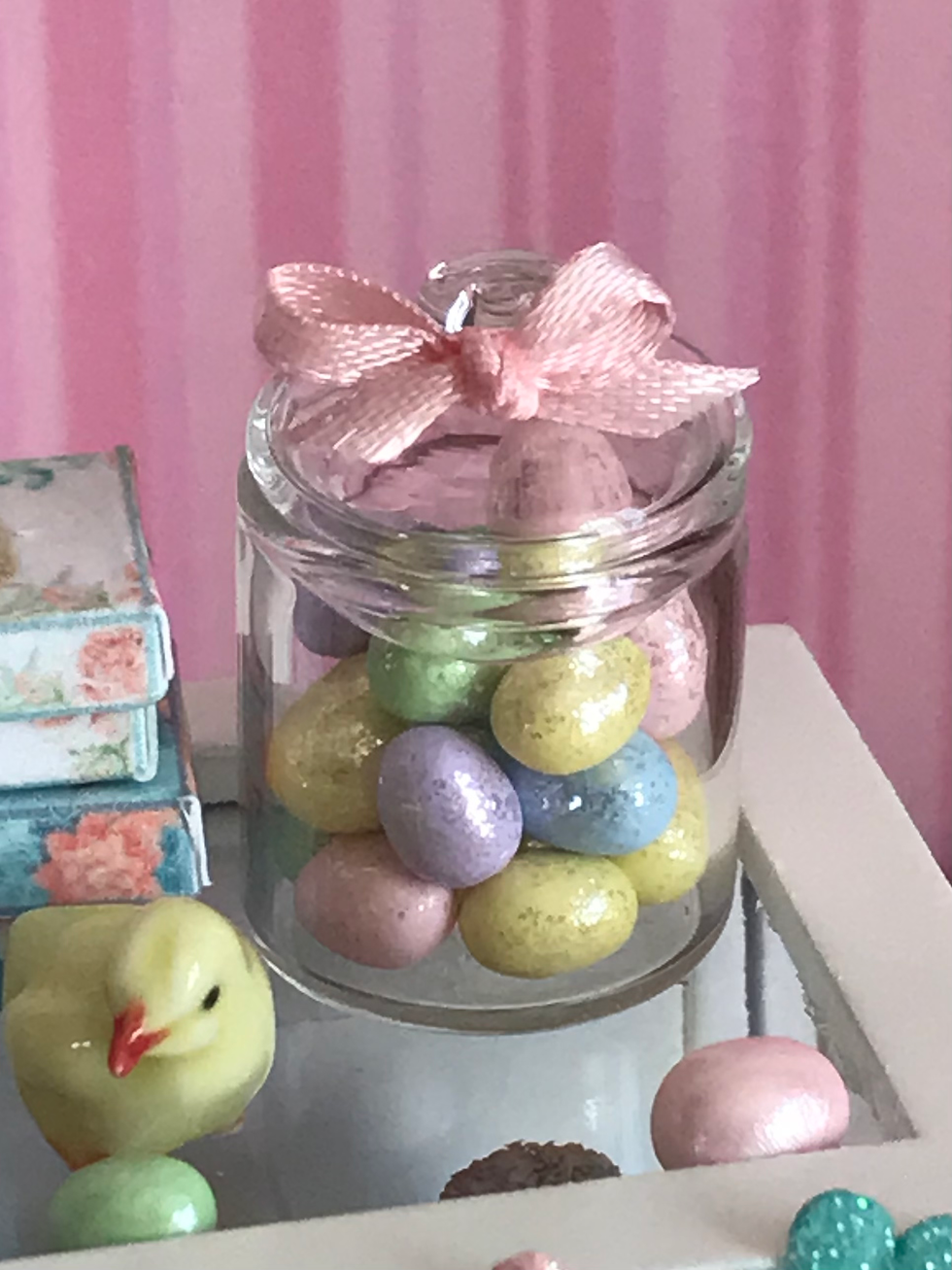 1:12 Scale Easter Dollhouse Glass Jar Filled with Glittery Clay Eggs