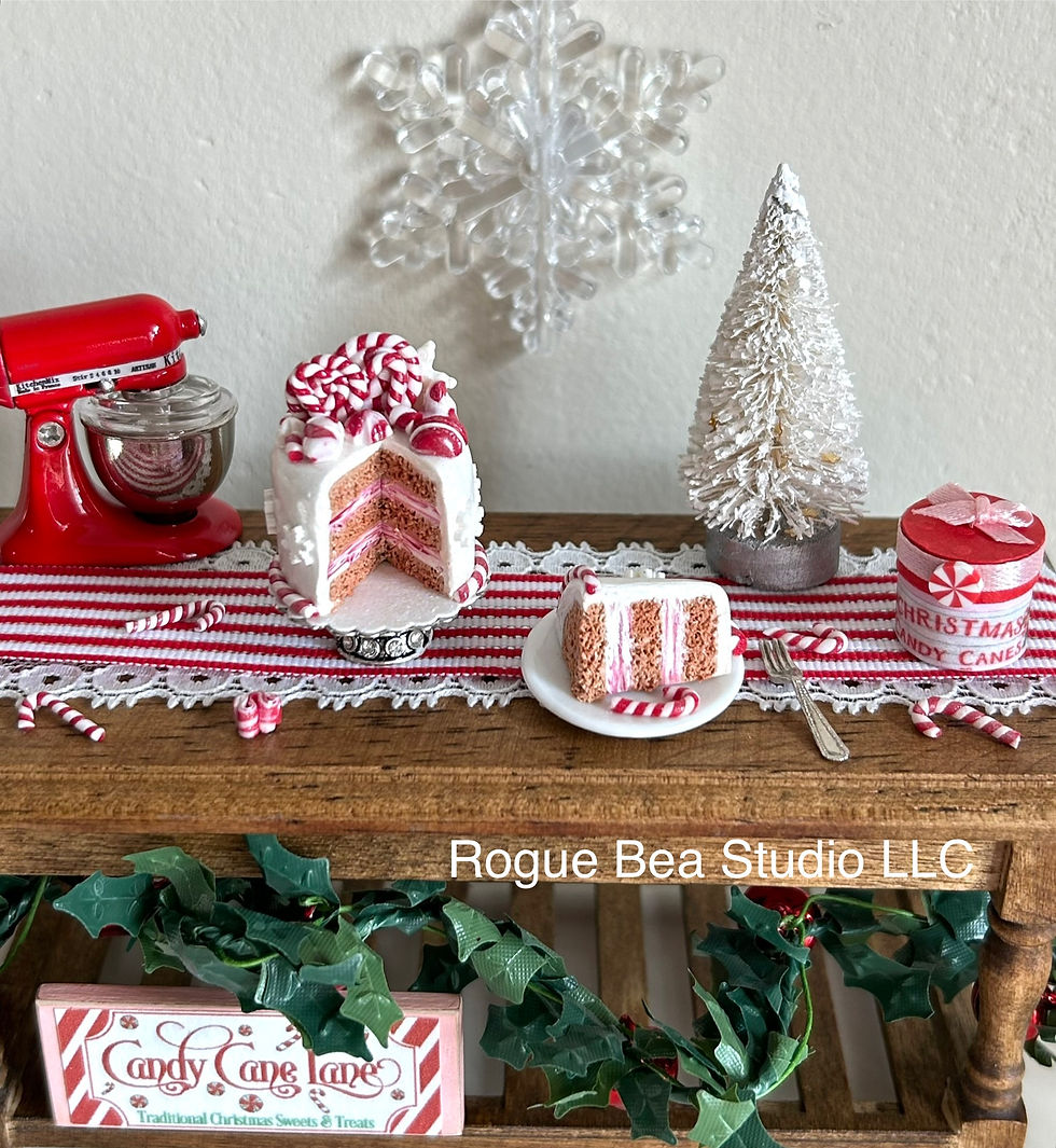 Dollhouse Christmas Mini Candy Cane 1:12 Layer Cake on Stand with Slice on Plate