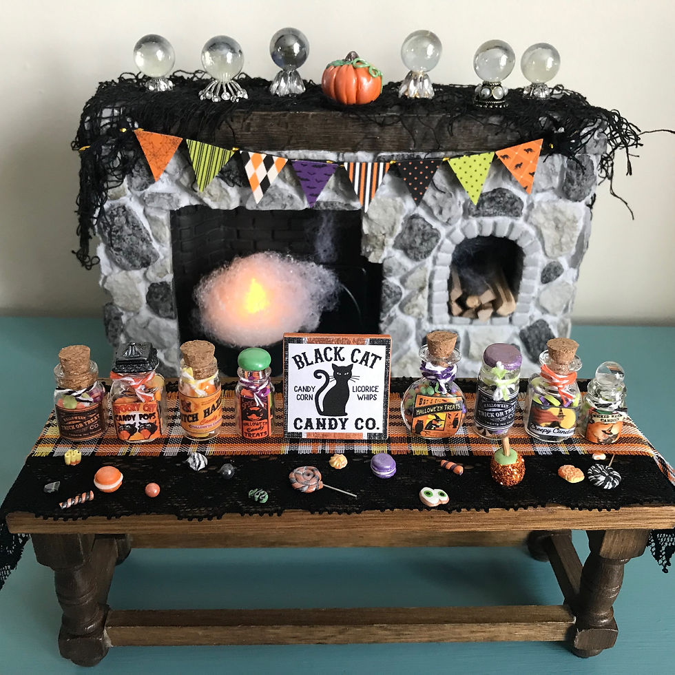 Thumbnail: Mini Halloween Dollhouse Set, 1:12 "Black Cat Candy Co." Wooden Sign & Candy Jar