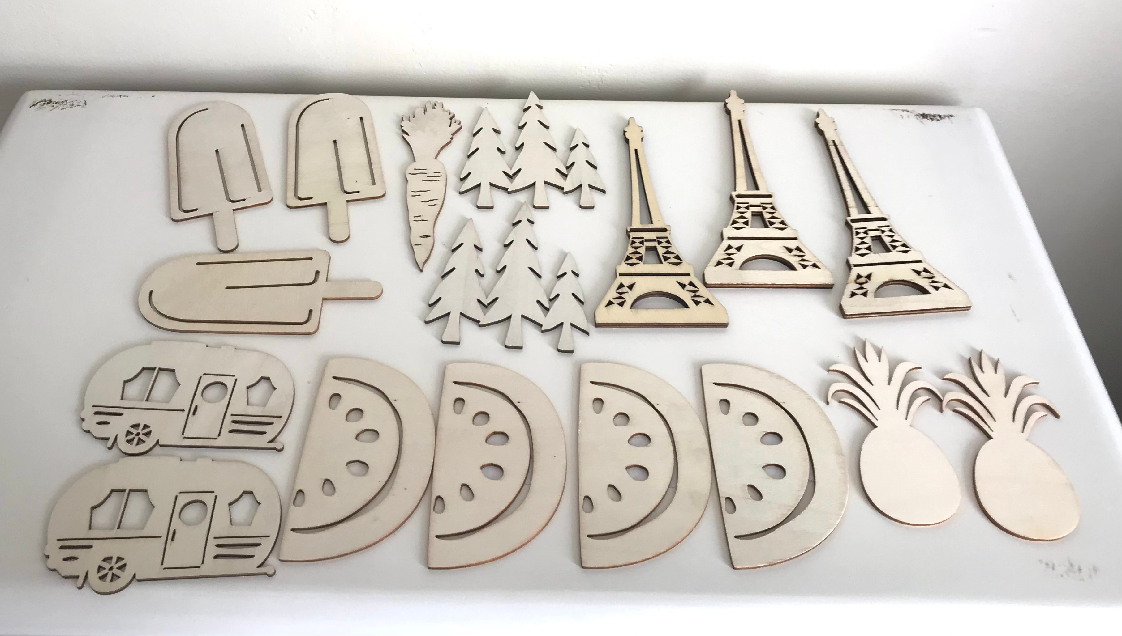 Set of 17 Unfinished Wooden Shapes, Watermelon, Trees, Campers, Carrots