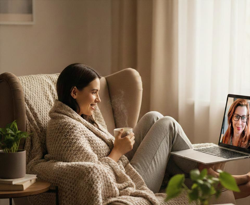 person drinking coffee in comfort of own home doing teletherapy call