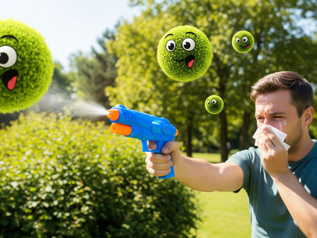 man shooting pollen with water gun