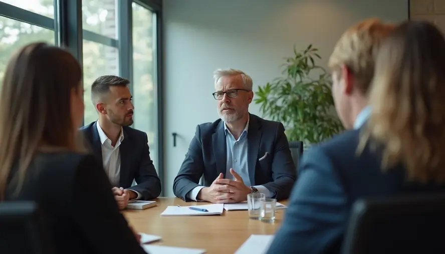 Four people in a meeting room. A white-haired man speaks, others listen intently. Papers on the table. Large windows and plant in background.