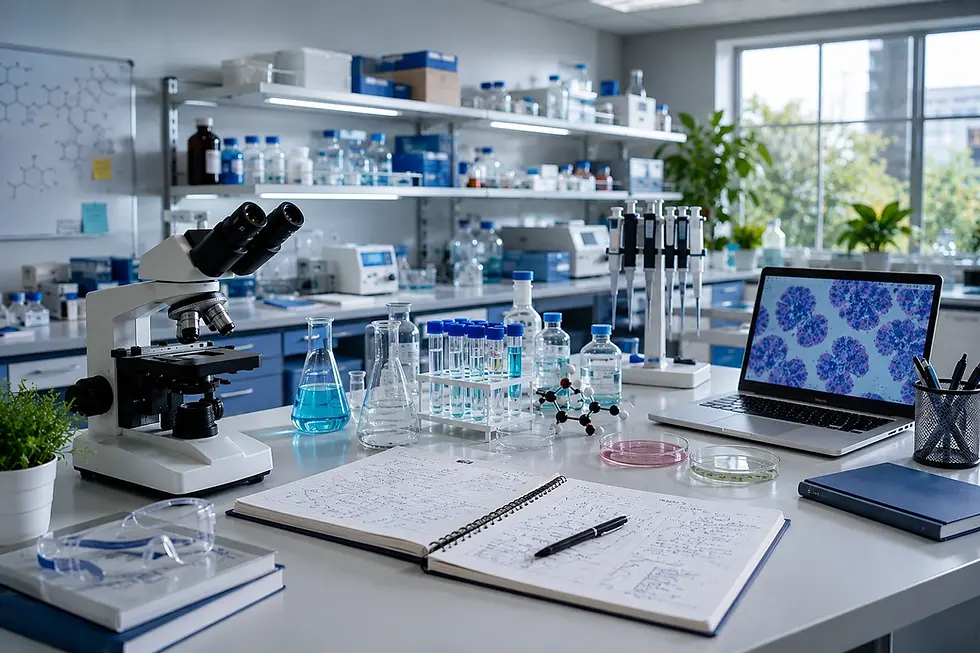 Modern laboratory workstation with microscope, glassware, research notebook, laptop, and scientific equipment in a bright research lab.
