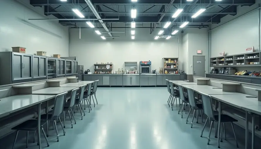 Empty gray training kitchen with long tables, chairs, cabinets, and bright ceiling lights under an industrial roof.