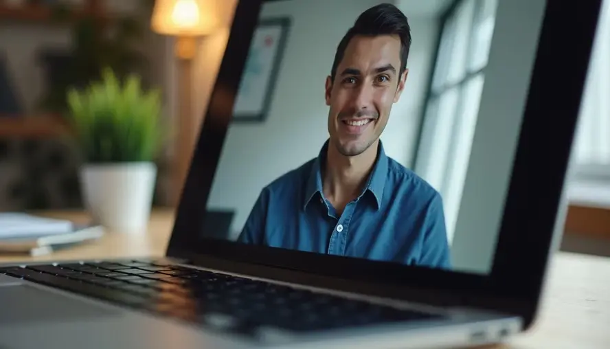 Smiling man on a video call, displayed on a laptop screen. The setting is a cozy, well-lit room with plants and soft lighting in the background.