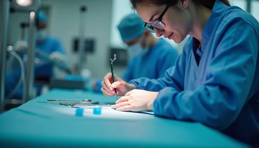 Surgeon in blue scrubs focuses on delicate procedure in operating room with medical tools. Intense, focused mood.