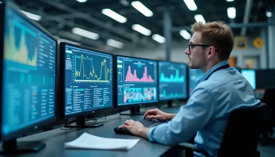 A person at a desk analyzes data on multiple monitors displaying graphs. The setting is an office with bright overhead lights.