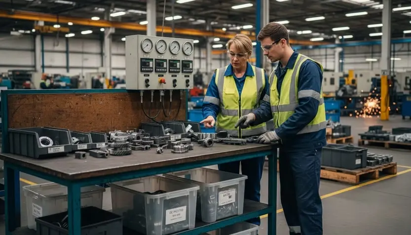 Two factory workers in safety vests inspect metal parts at a workbench in a bright industrial shop.