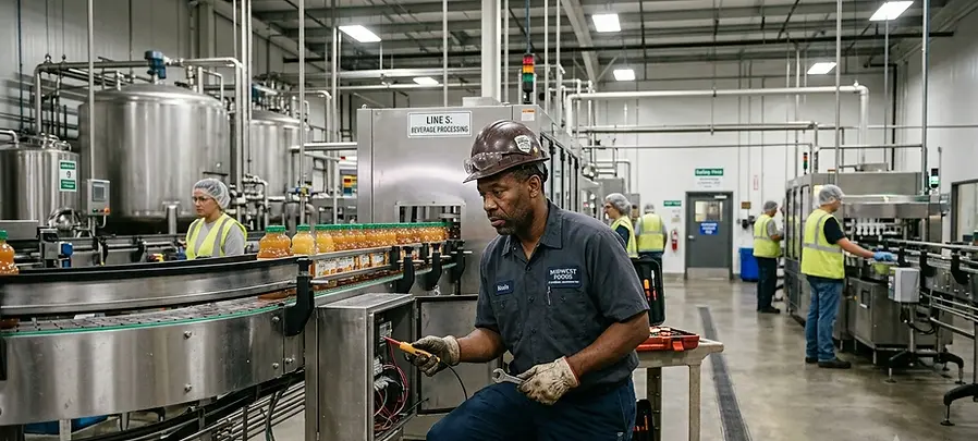 A Facilities maintenance worker inspects and tests electrical components on a beverage production line to ensure safe and efficient operation of facility equipment.