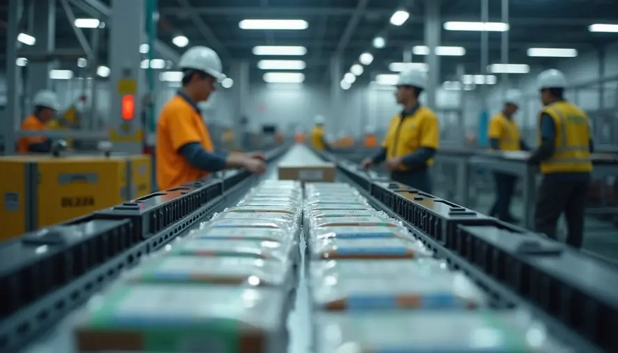 Workers in orange and yellow safety vests inspect packages on a conveyor in a bright factory warehouse.