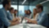 Office meeting with diverse people collaborating at a long table. Laptops open, cityscape visible through windows. Bright, focused atmosphere.