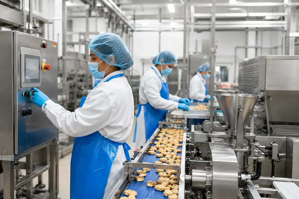 Workers in blue PPE operate food-processing machinery beside a conveyor of cookies in a bright stainless-steel factory.