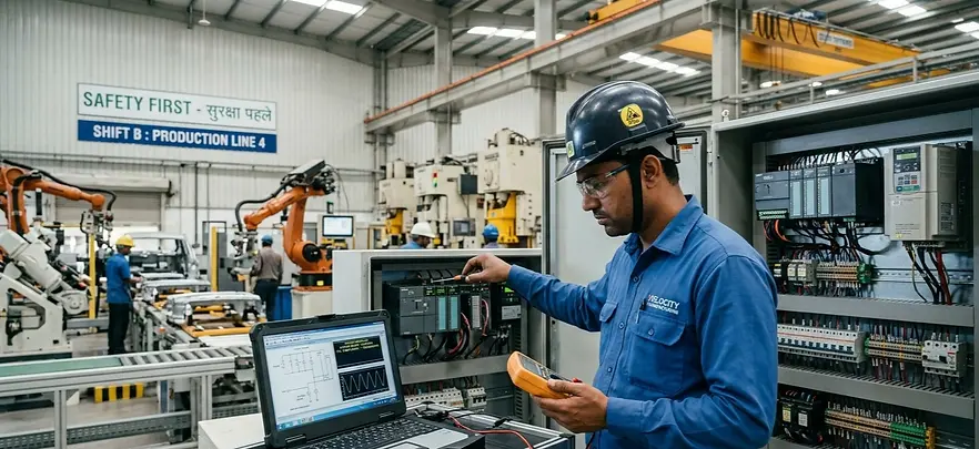 An Electrical engineer inspecting and troubleshooting an industrial control panel with diagnostic equipment in a modern automated manufacturing facility.
