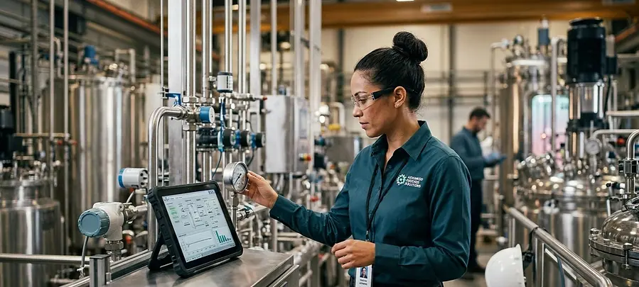 Process engineer monitoring production equipment, checking pressure readings, and reviewing process data in a modern manufacturing facility.