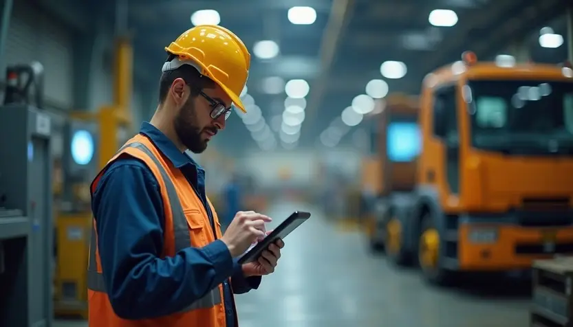 Worker in a hard hat and orange safety vest uses a tablet in a factory, with an orange truck blurred in the background.