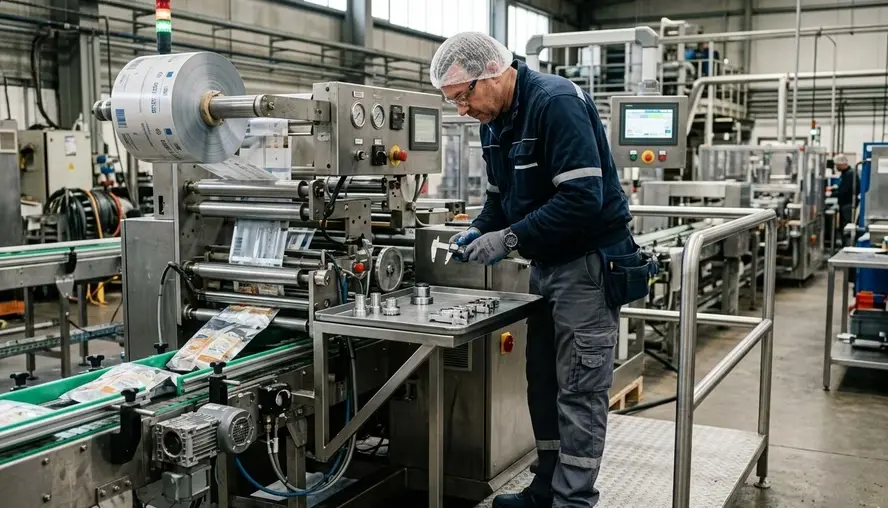 Worker in a factory adjusts a packaging machine as printed pouches move along a conveyor in a bright industrial plant.