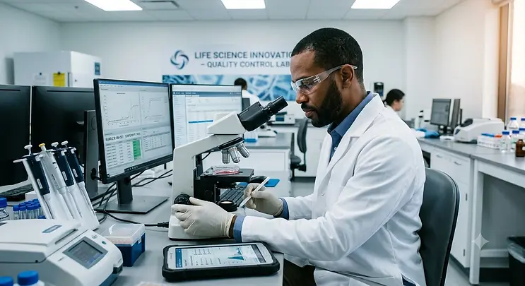 QC Inspector examining laboratory samples under a microscope and recording quality control test results.