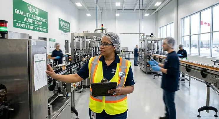 An SQF Coordinator conducts a quality assurance audit on a production line, reviewing compliance documents while inspecting operations in a modern food manufacturing facility.