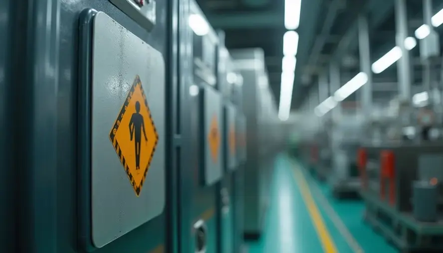 Industrial hallway with a caution sign on equipment. The floor is teal with yellow lines. The setting is well-lit, creating a sterile atmosphere.