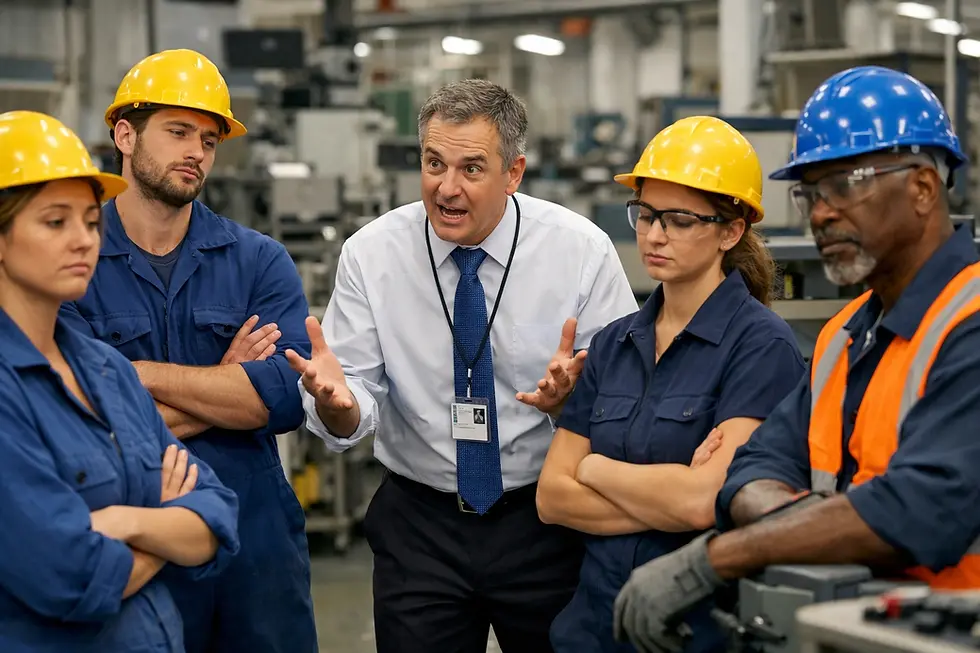 Factory manager talks with workers in blue uniforms and yellow helmets. The setting is industrial, with machinery in the background.
