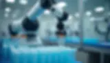 A robotic arm places test tubes on a table in a lab. The background is blurred with mirrors and blue colors, creating a sterile atmosphere.