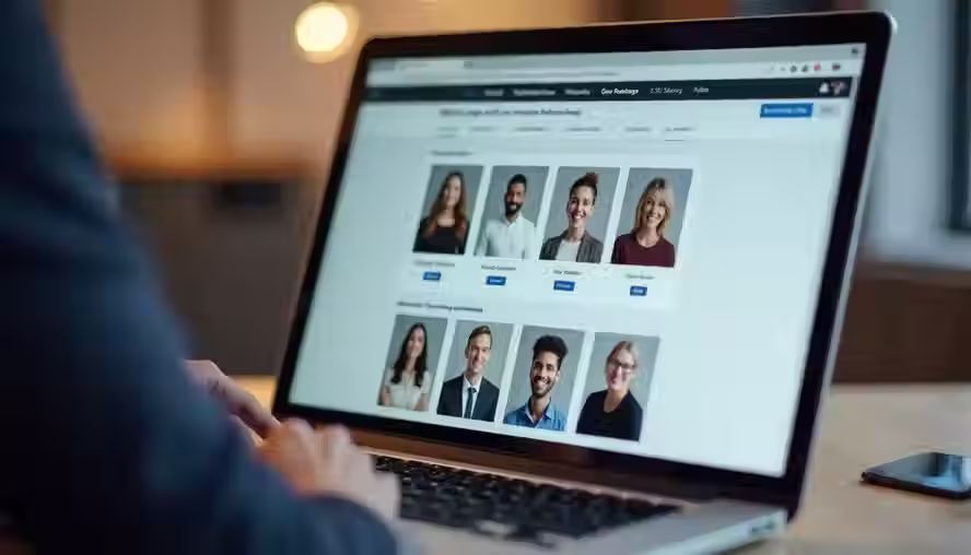 A professional working on a laptop displaying a candidate profile dashboard with multiple headshots and names, suggesting an online recruitment or talent sourcing platform in a modern office setting.