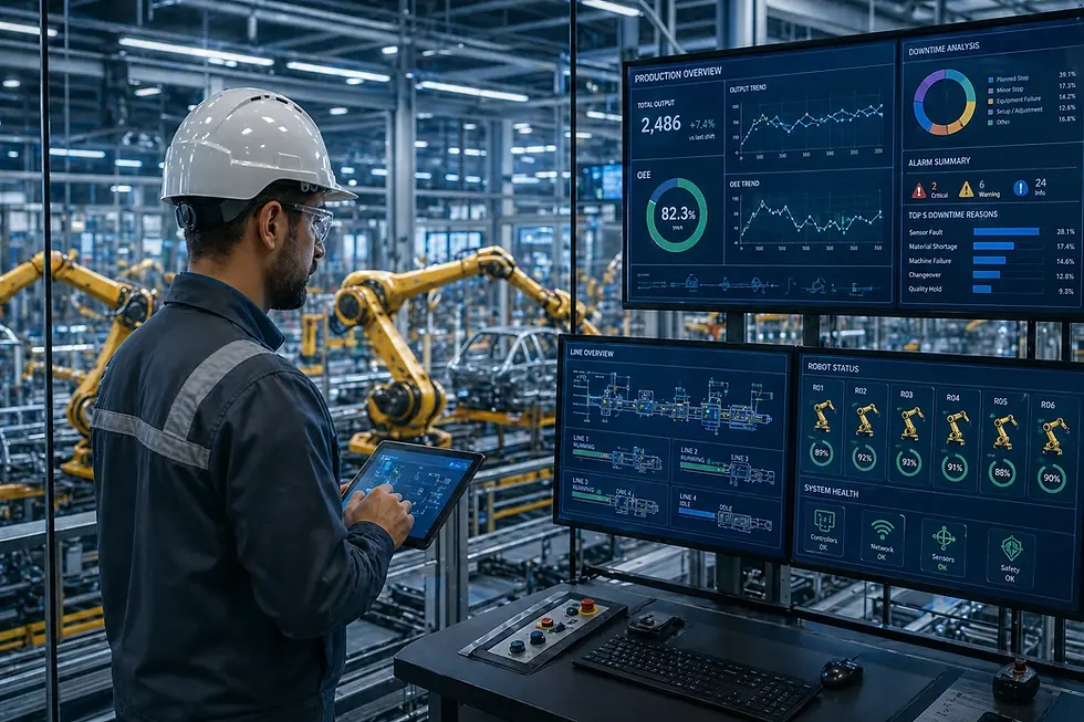 A worker in a hard hat uses a tablet in a robotic warehouse, surrounded by monitors displaying production data and charts.