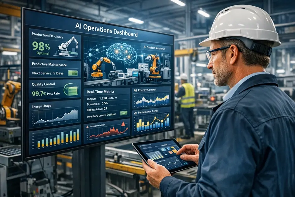 Man in a hard hat using a tablet, viewing AI Operations Dashboard in a factory. Screens show stats and graphs. Industrial setting.